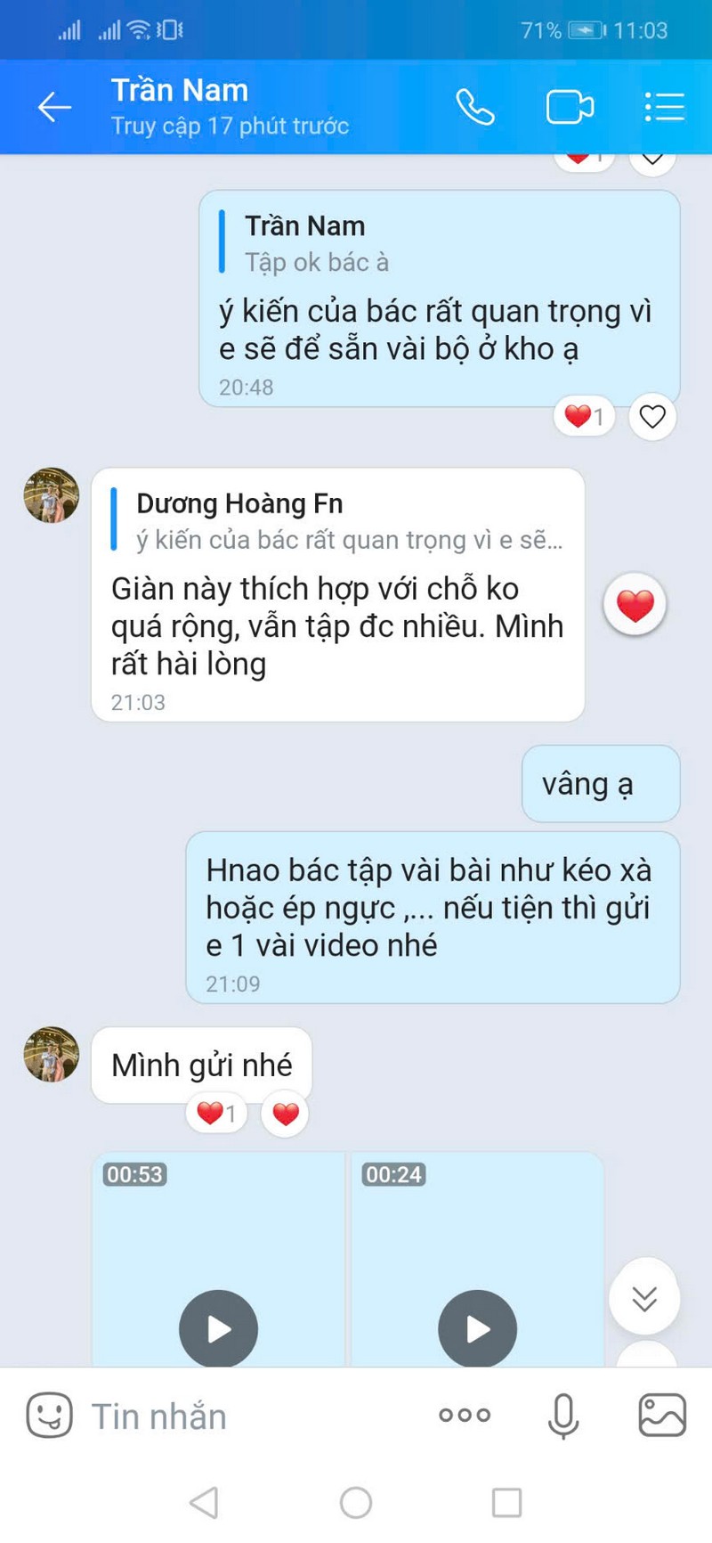 Khách hàng chia sẻ cảm nhận sau khi sử dụng DHFNR tập luyện tại nhà